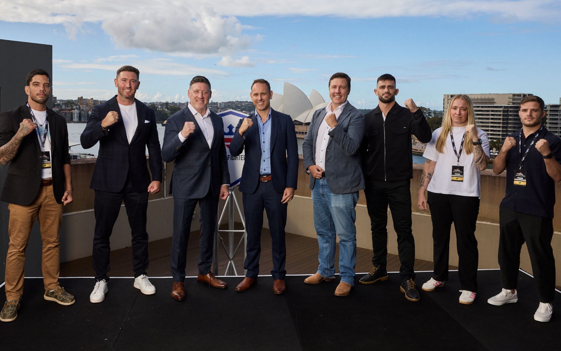 From Left to Right:  PFL Fighter, Raihere Dudes James Frewin, PFL Managing Director International Pete Murray, Dan Taylor - Acting Managing Director, Stan, Ben Kimber - Director of Sports, Stan, PFL Fighter, Joseph Luciano, PFL Fighter, Sara Collins, PFL Fighter, Sean Gauci